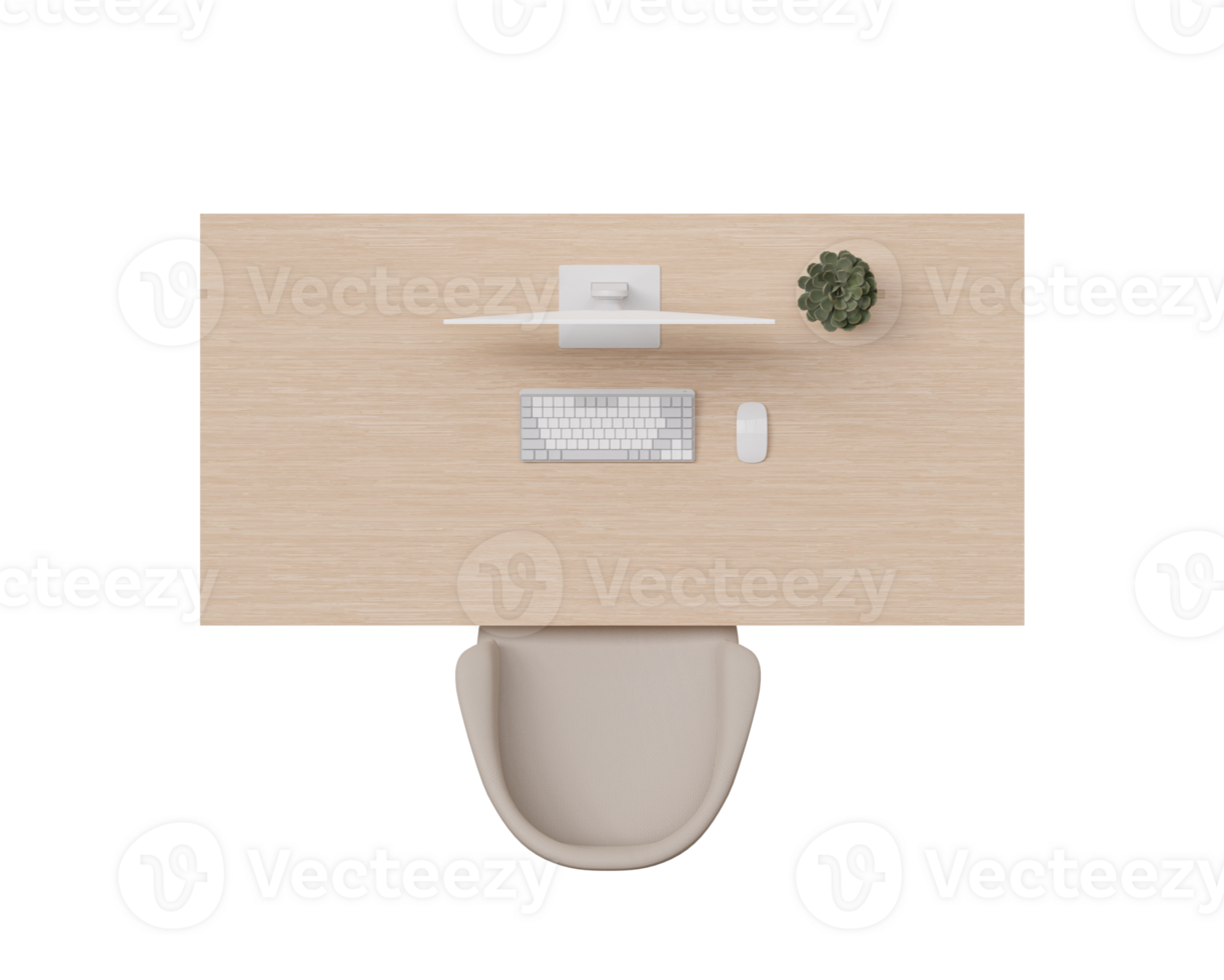 a sobrecarga Visão do de madeira escrivaninha e bege cadeira. trabalhos mesa em transparente fundo, png. cortar Fora mobiliário. topo visualizar. plano deitar, chão plano elemento. 3d Renderização png