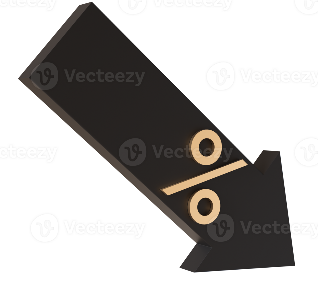 Preto seta com dourado percentagem placa apontando abaixo, perfeito para transmitindo vendas reduções, descontos, ou financeiro recessões dentro publicidade e promocional materiais. seta com por cento símbolo png