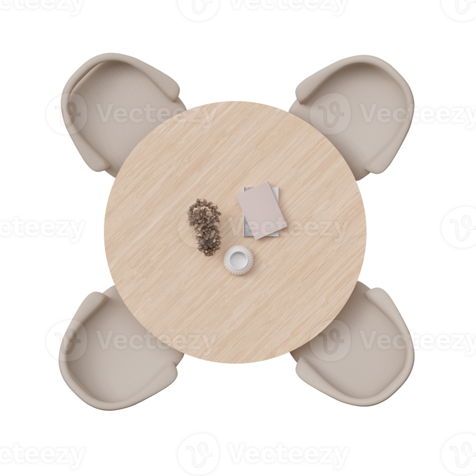 Overhead view of dining set with a wooden table and beige chairs. Round table on transparent background. Cut out furniture. Top view. Flat lay, floor plan elements. 3D rendering. png