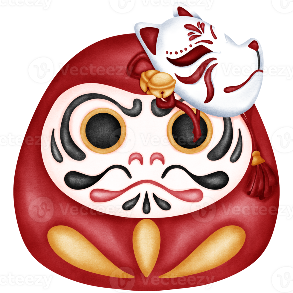 Illustration of a daruma doll with a kitsune mask on a transparent background png