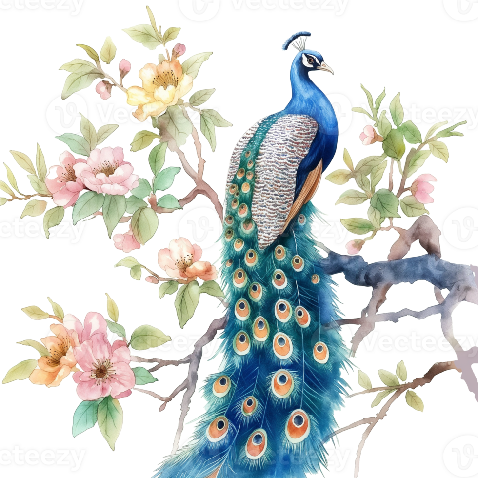 AI generated Watercolor drawing peacock on tree branch isolated on white background. png