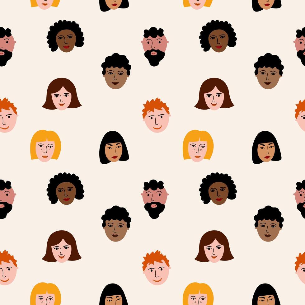 Multicultural characters with different skin and race, hand drawn seamless pattern, repeating background with peoples. Flat vector illustration Social network, friendship, community, nationalities