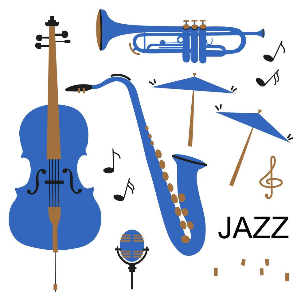 jazz música tarjeta fondo, mano dibujado garabatear para internacional jazz día. vector ilustración dibujos animados estilo. diseño conjunto para póster, festival, blues retro fiesta con saxofón, batería, contrabajo, notas