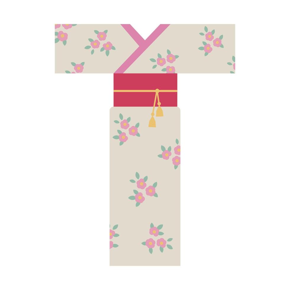 Kimono traditional Asian clothes Japanese female costume with flowers pattern, hand drawn flat vector illustration isolated background. Tradition, culture of Japan, design card for Day of Kimono