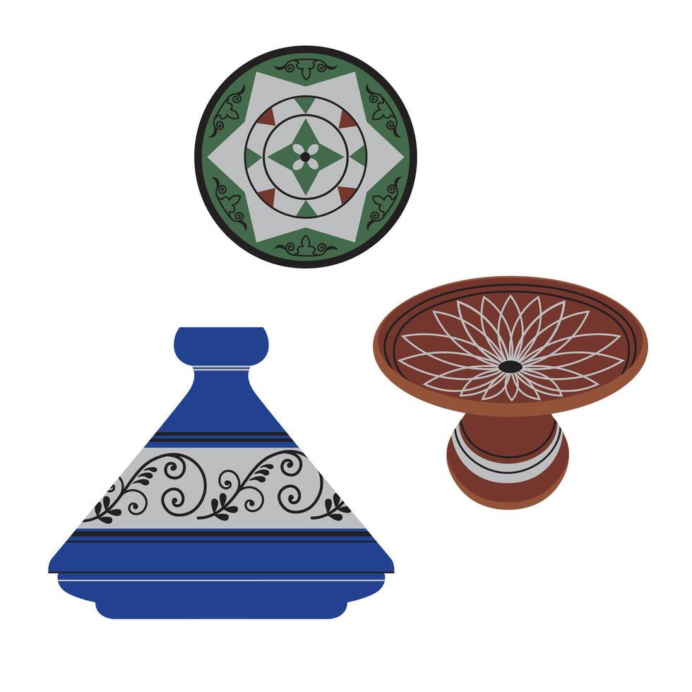 marroquí o Arábica este arcilla cerámica, vapor alimento, platos hecho a mano platos. tradicional cocina ollas en dibujos animados estilo, vector ilustración aislado antecedentes. diseño para icono, papel, logo, tarjeta