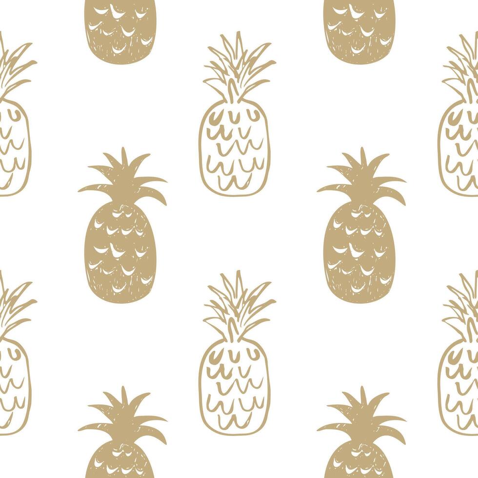 Metallic gold pineapple seamless pattern vector illustration. Elegant repeating background with hand drawn sketch cream fruit, tasty food.  Design for fabric, paper, wrapping, card, cover, textile