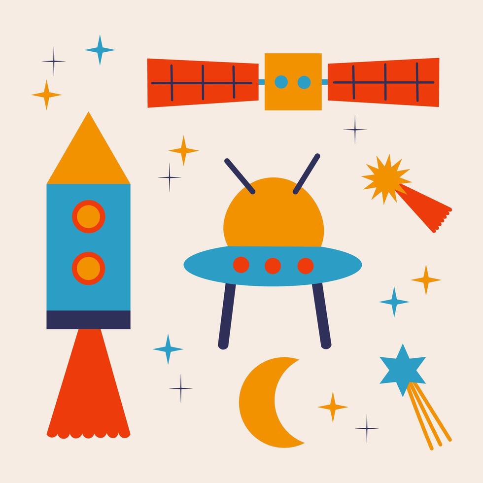 espacio dibujos animados mano dibujado vector icono colocar. satélite, cohete, OVNI, cometa, estrellas, plano sencillo moderno objetos. cósmico garabatear para diseño, imprimir, póster, etiqueta, tarjeta, papel, firmar, volantes