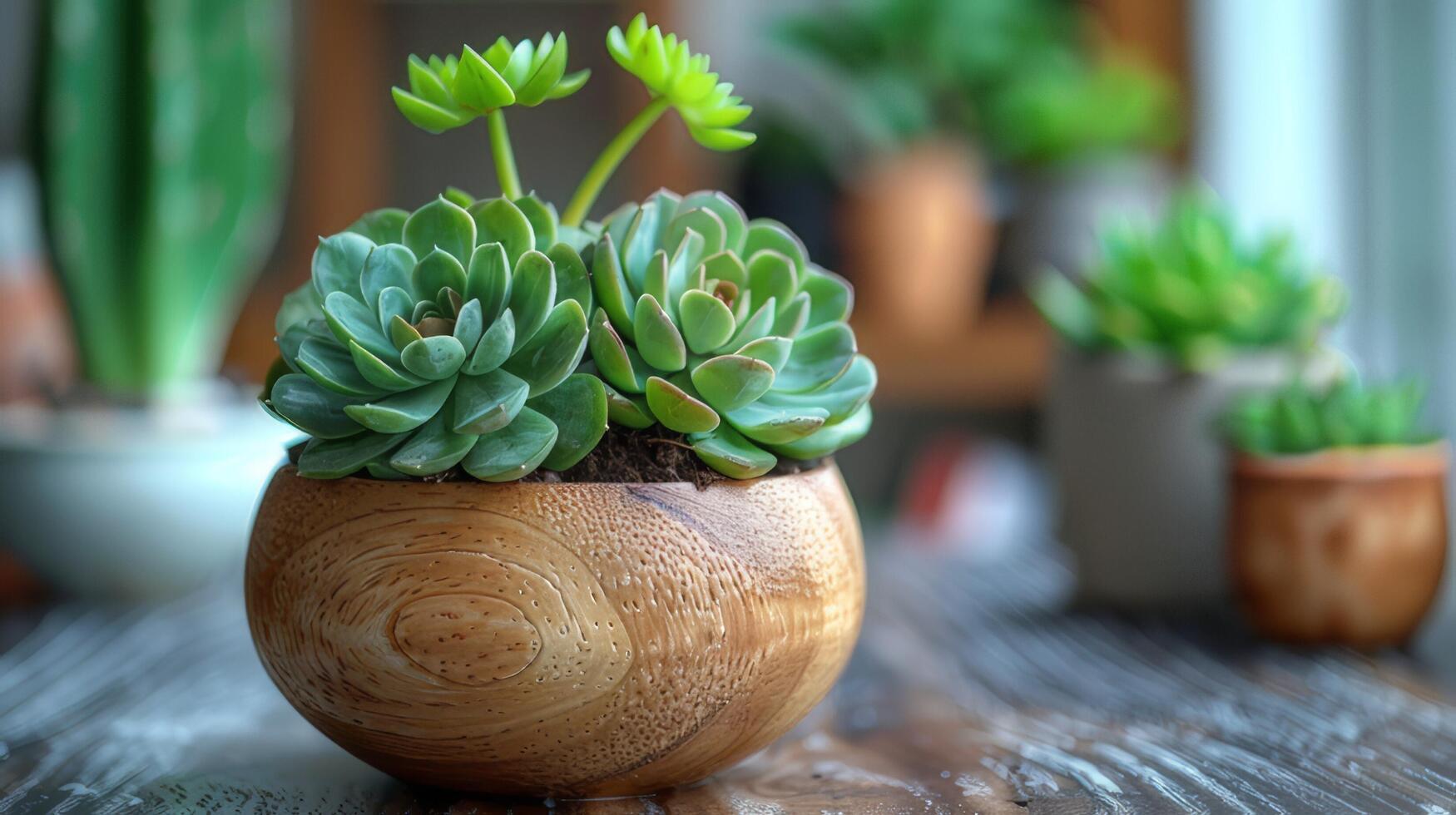 AI generated A small succulent plant sits on the table. Complete with potted plants and small leaves. photo