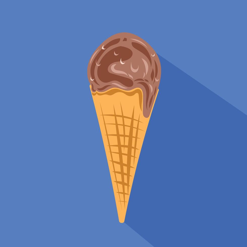 Chocolate flavoured sweet and fresh cold ice cream cone. Dessert food vector illustration doodle isolated on square blue background. Simple flat cartoon art styled drawing.