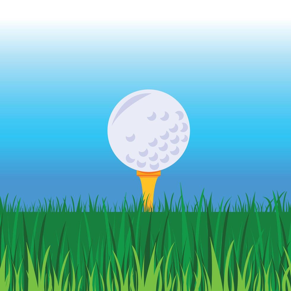 Golf tee and ball on grasses vector illustration isolated on blue sky square background. Simple flat cartoon art styled drawing.