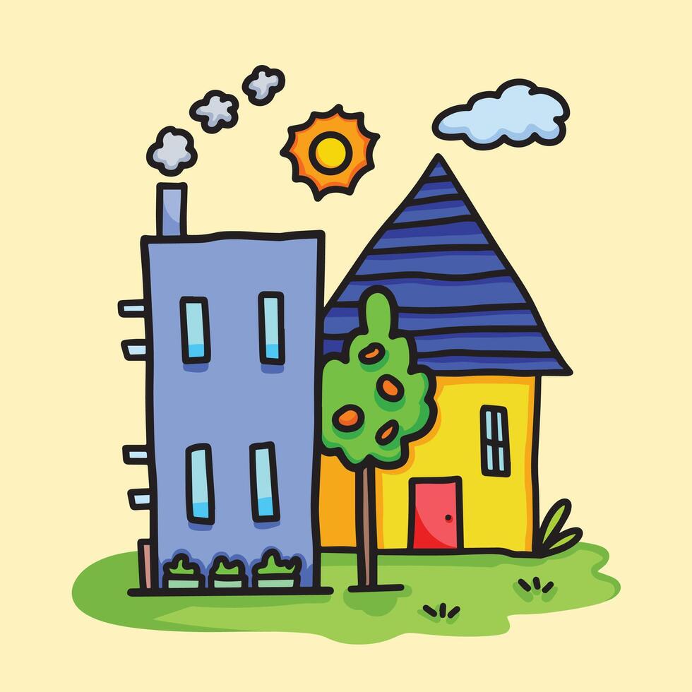 Cute cartoon simplified house, tree, sky, and grass doodle vector illustration isolated on square yellow background. Simple flat cartoon art styled drawing isolated on square yellow background.