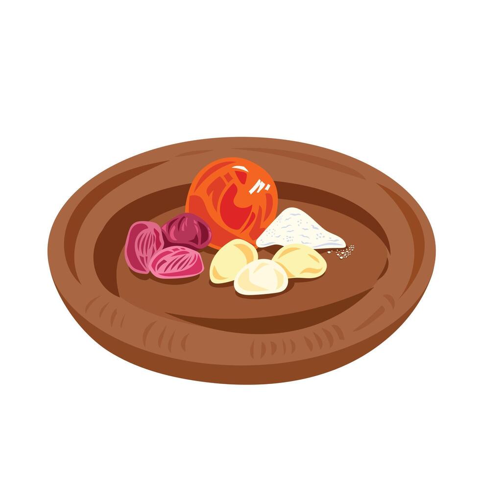 Raw food ingredients for making sweet and salty saviour delicious cooking condiment. Salt, tomato, white and red garlics on brown plate mortar wooden grinder. Simple flat cartoon art styled drawing. vector