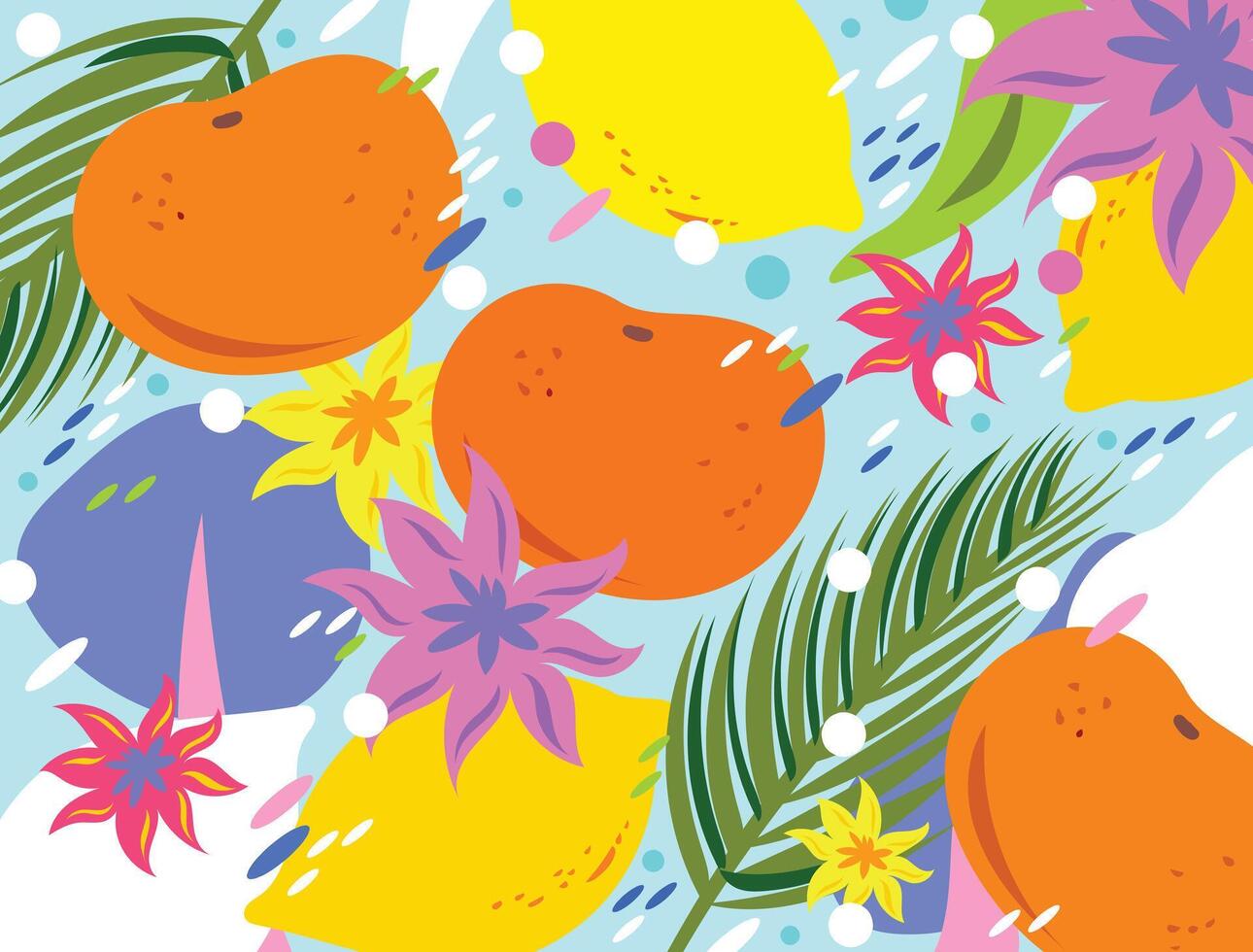 Summer fresh orange and lemon citrus botanical plants abstract vector illustration isolated on horizontal light blue background. Colorful social media post, poster, brochure, or card prints design.