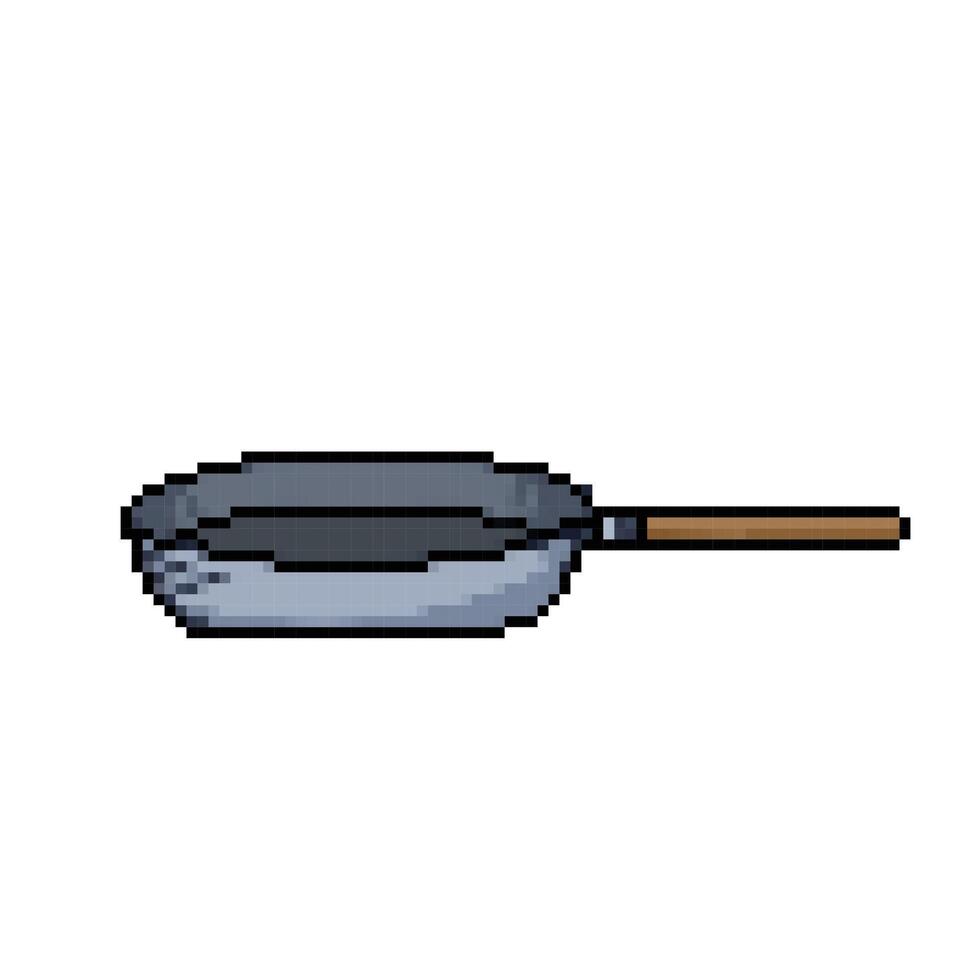 Fry pan kitchen cooking utensil with wooden handle. Pixel art retro vintage video game bit vector illustration. Simple flat cartoon art styled drawing isolated on square background.