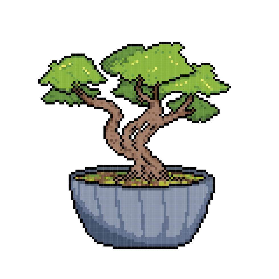 Beautiful potted bonsai tree. Decorative oriental styled asian styled plants. Pixel art retro vintage video game bit vector illustration isolated on square white background.