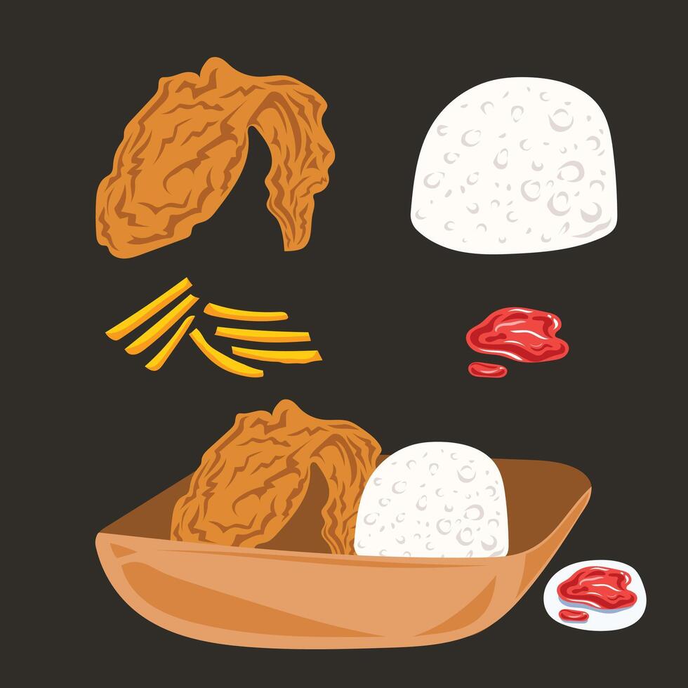 Crispy fried chicken with rice, french fries, and hot sauce condiment fast food vector illustration set bundle group isolated on square dark background. Simple flat cartoon art styled drawing.