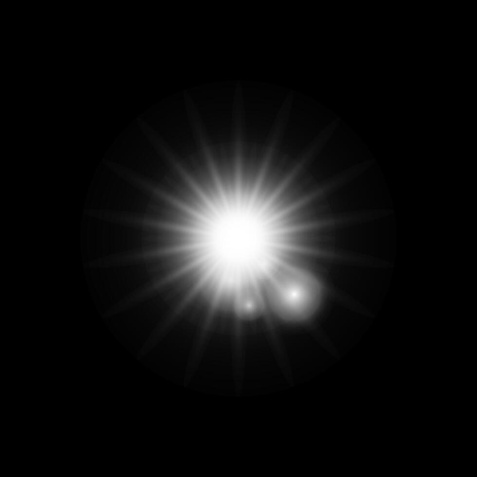 Glare star on black. Light flashes. Vector transparent elements with glow effect