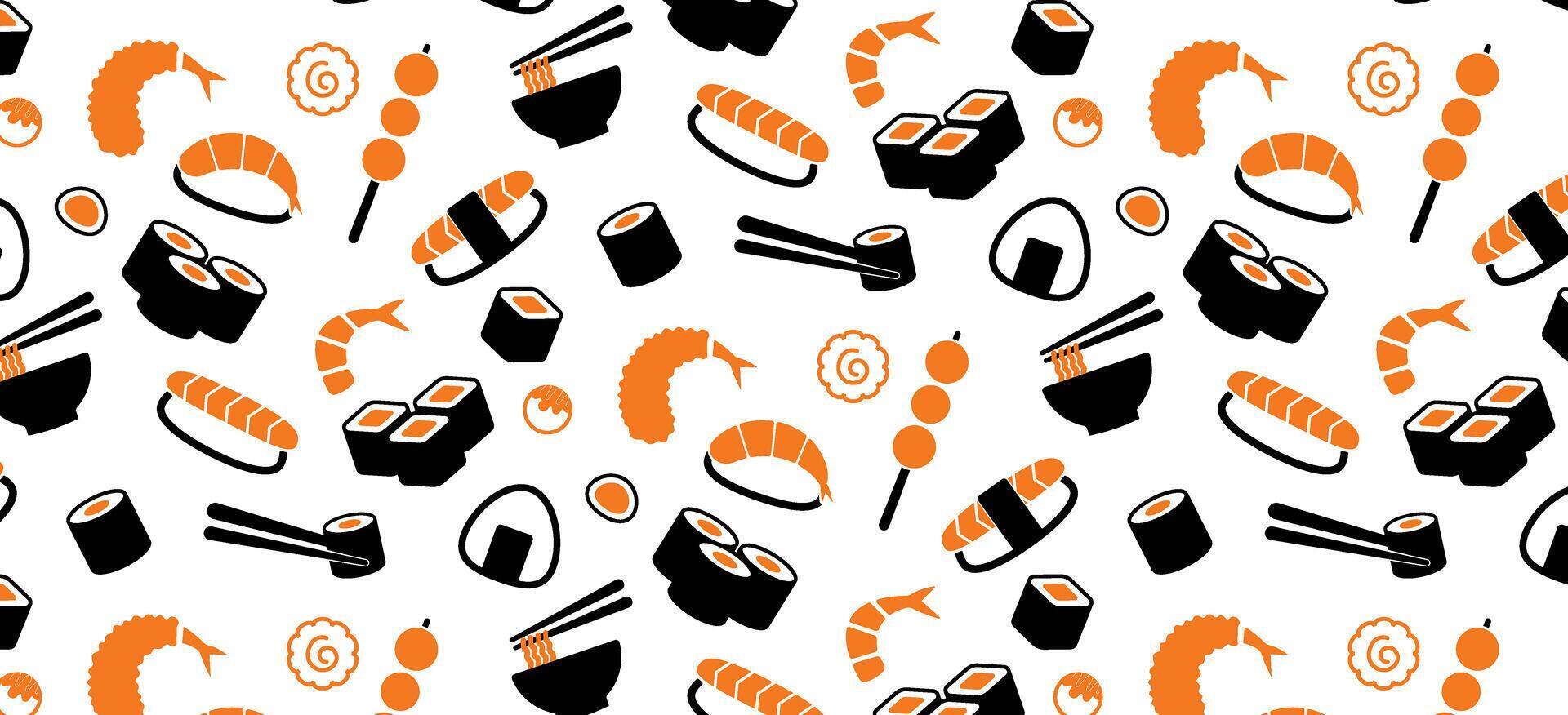 japonés comida patrón, Sushi sashimi ramen linda icono sin costura patrón, repetir fondo de pantalla antecedentes vector