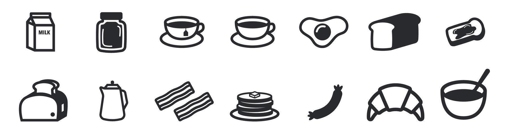 breakfast icon set bundle, eat, bread jam tea and coffee daily routine, morning meal vector
