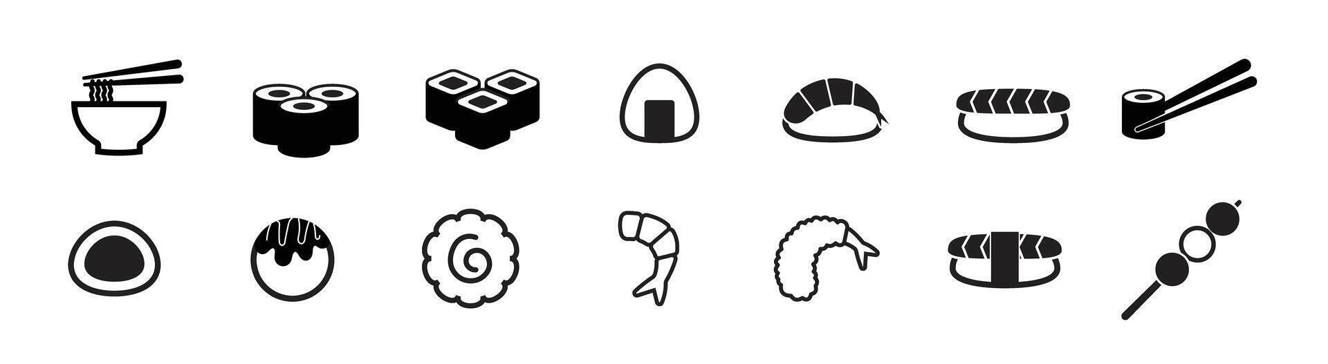 japanese food icon bundle, sushi, sashimi, tempura, takoyaki menu symbol vector