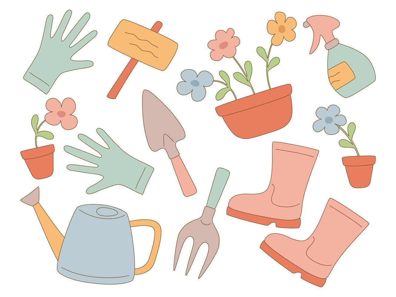 Set of garden tools. Gardening equipment and flowerpots. Vector collection isolated on white background