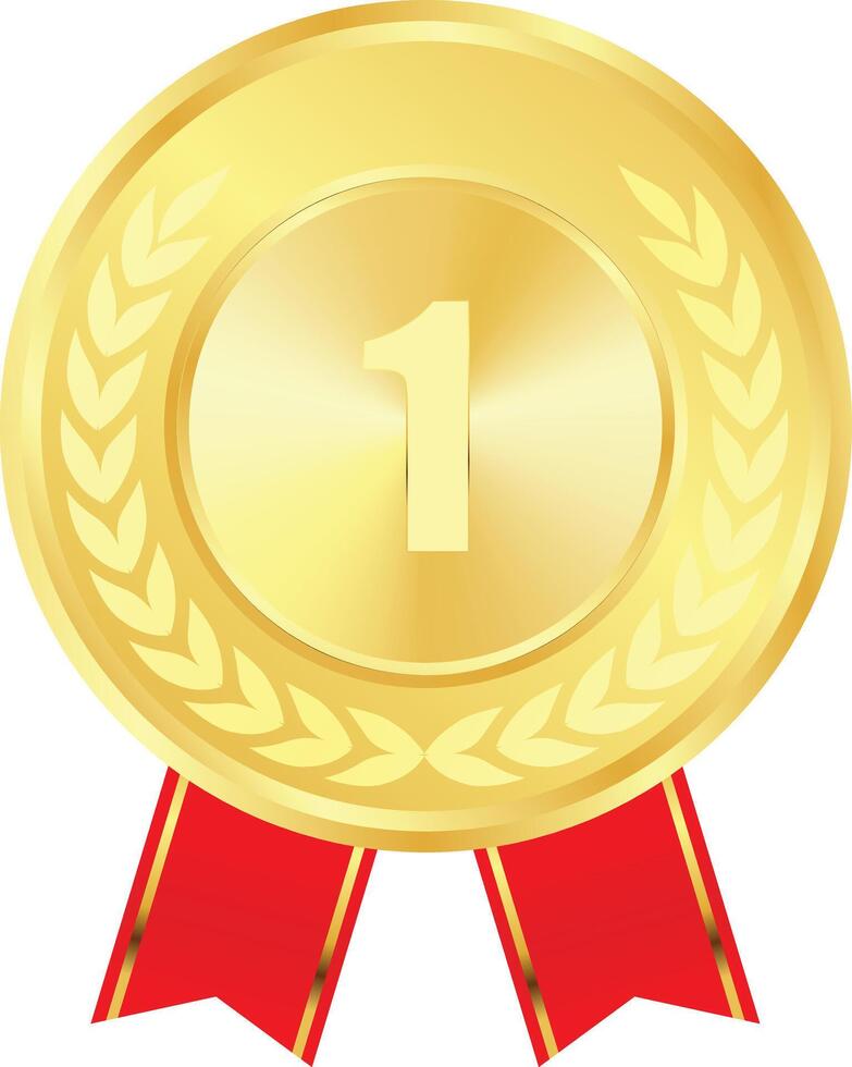 Realistic Gold Medal with red ribbon  Vector, 1st Golden Award, 1st Prize, Golden Challenge Award red ribbon, Medal Award winner, First place trophy, Golden Coin winner vector