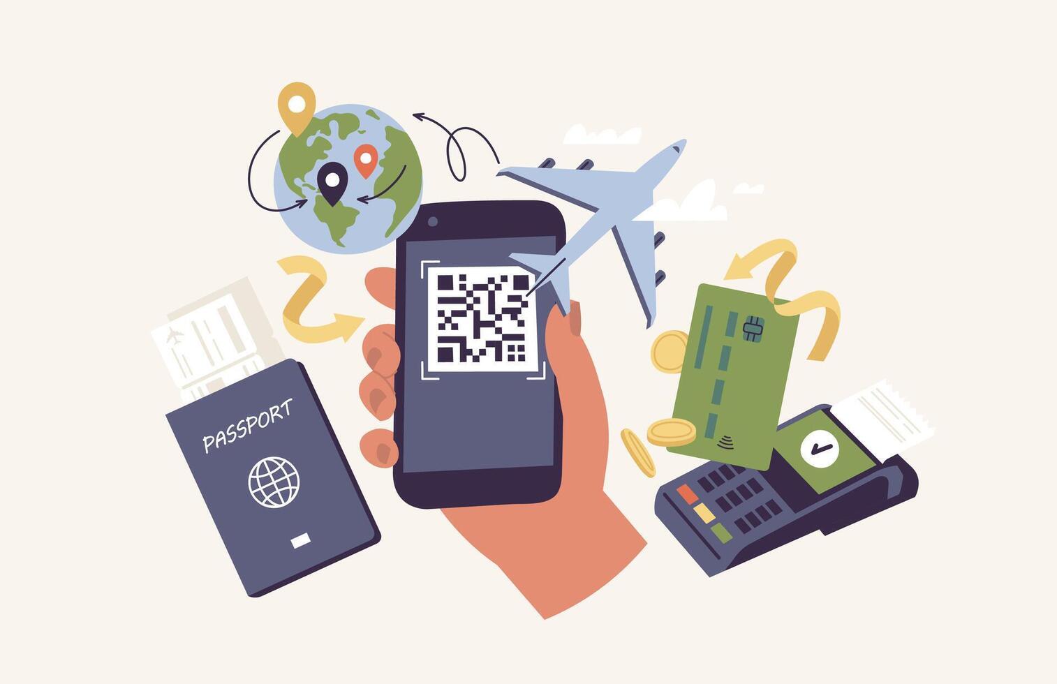 Vector Illustrations concept of online airplane ticket order. Human hand holding a mobile phone with QR code ticket surrounded travel items