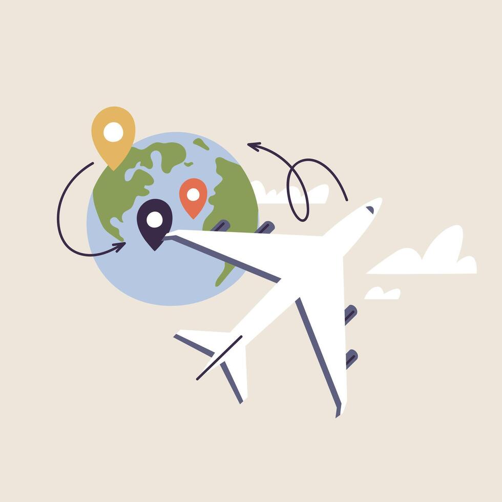 Vector Illustrations concept of tourism earth globe with points location and airplane