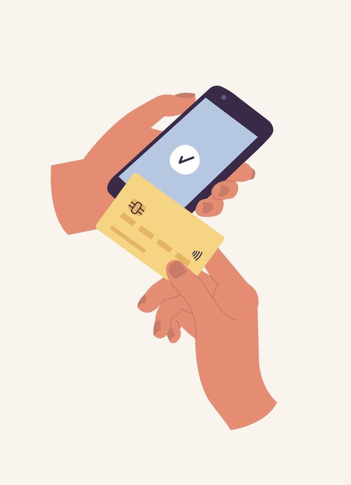 Vector illustration concept of mobile payment. Hand holding a mobile phone and card near the screen. Successful payment