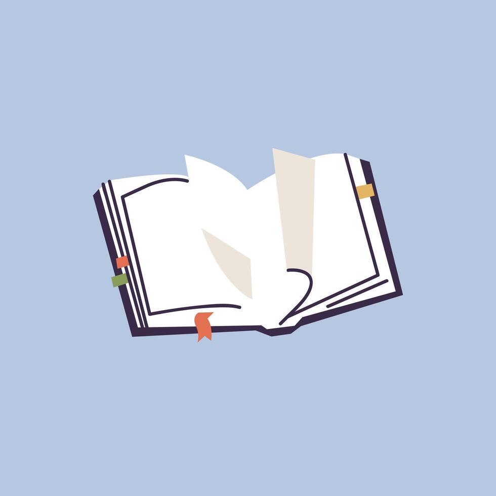 Vector illustration open book with empty pages and colorful bookmarks in hardbacks isolated on a white background