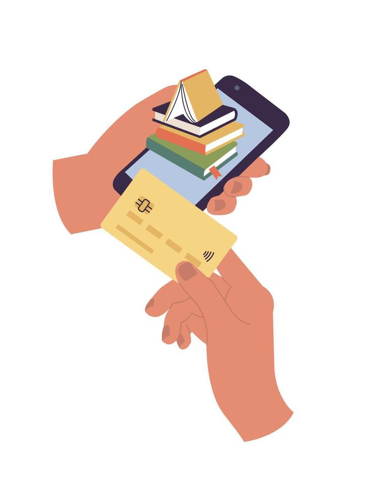 Vector illustration human hand holding phone with vertical stack books on screen another hand holding cars. Concept of buying virtual books