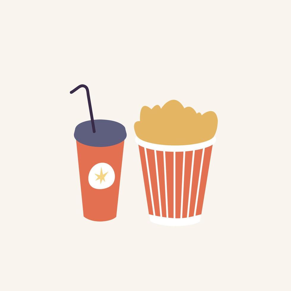 Vector illustration full popcorn bucket and soda drink cup with straw in retro style. Movie snacks