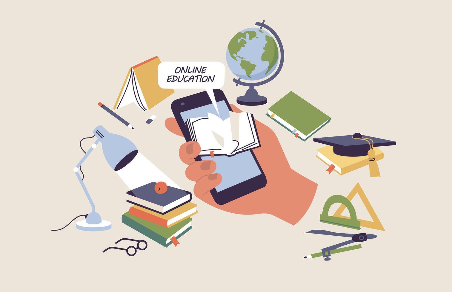 Vector illustration concept of education on mobile application with online training. Hand human hand holding phone with open book on screen surrounded books and educational items