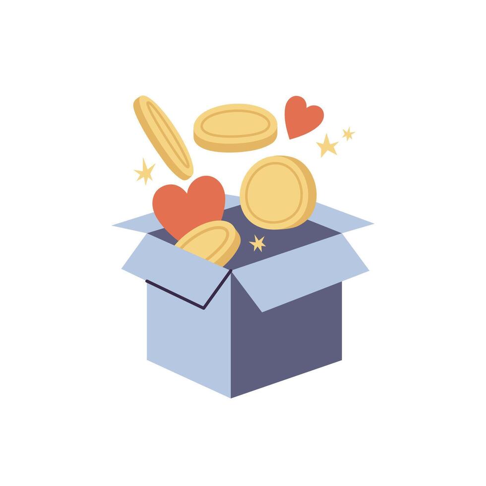 Vector Illustrations donation box with hearts and golden coins. Concept of charity