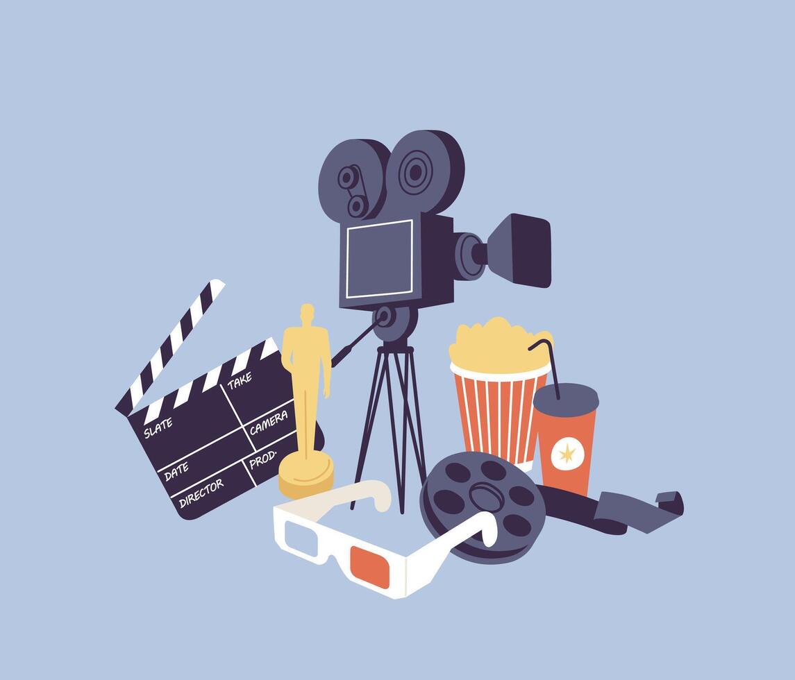Vector illustration of retro cinema items- movie tickets, film clapperboard, popcorn bucket, vintage reel, and 3d glasses composition