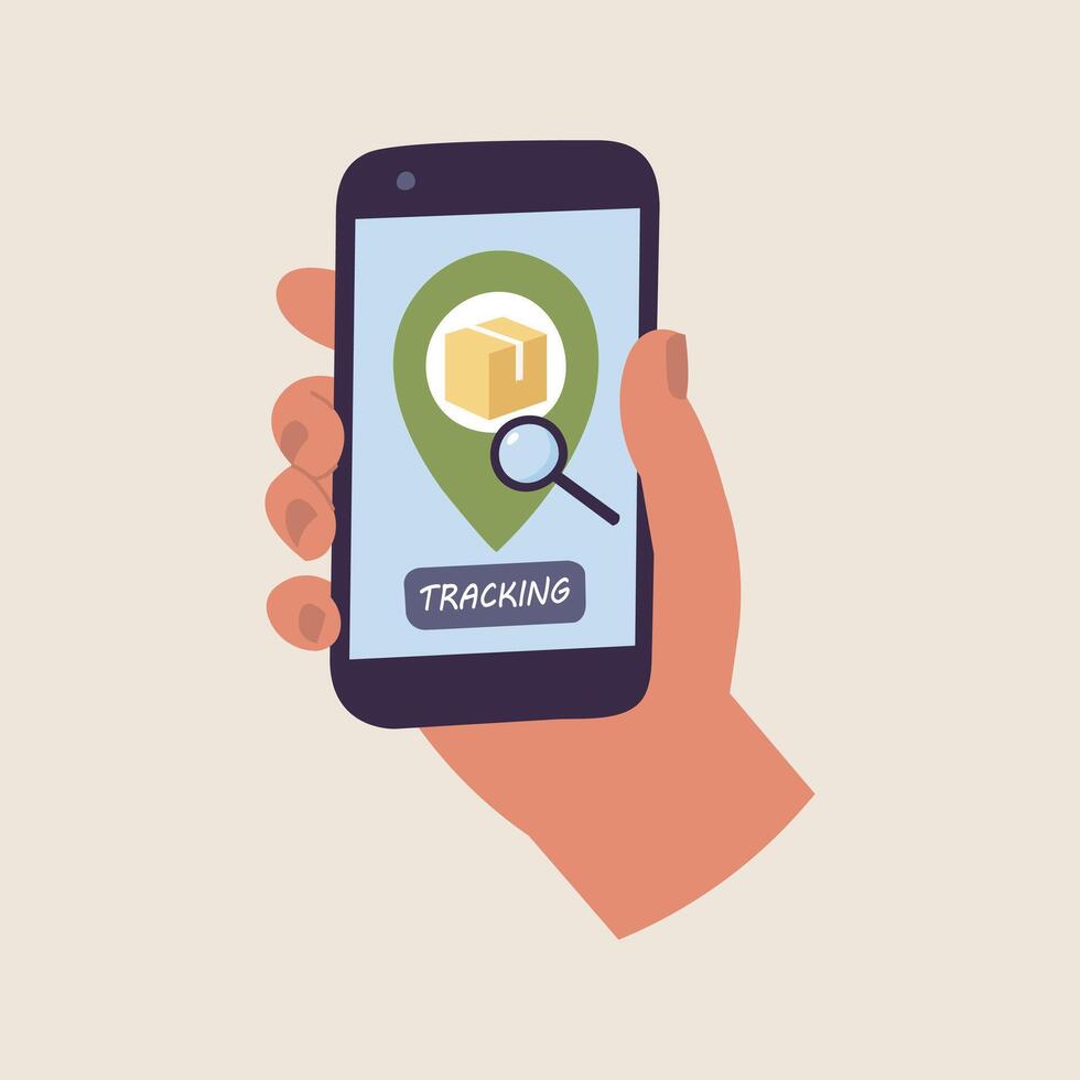 Vector Illustrations hand and holding mobile smart phone with app delivery tracking