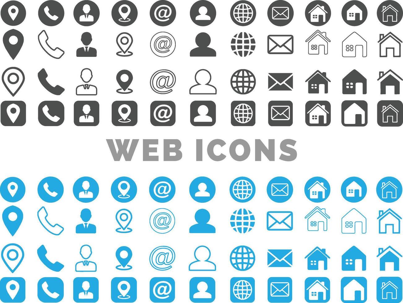 Bundle of blue and black flat icons.Contact Icon set. vector