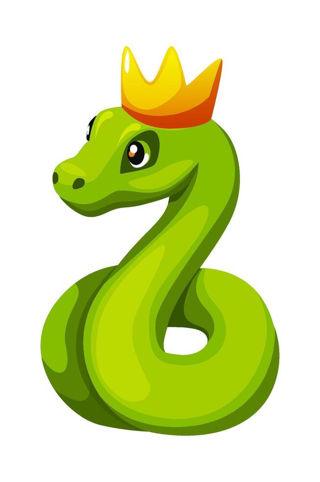 A cute cartoon snake wears a golden crown. vector