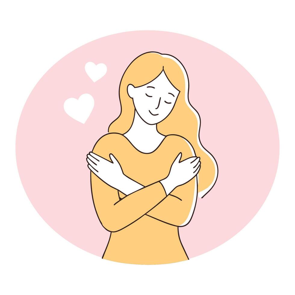 A Smiling woman hugs herself to show self-love Happy girl hugs herself vector