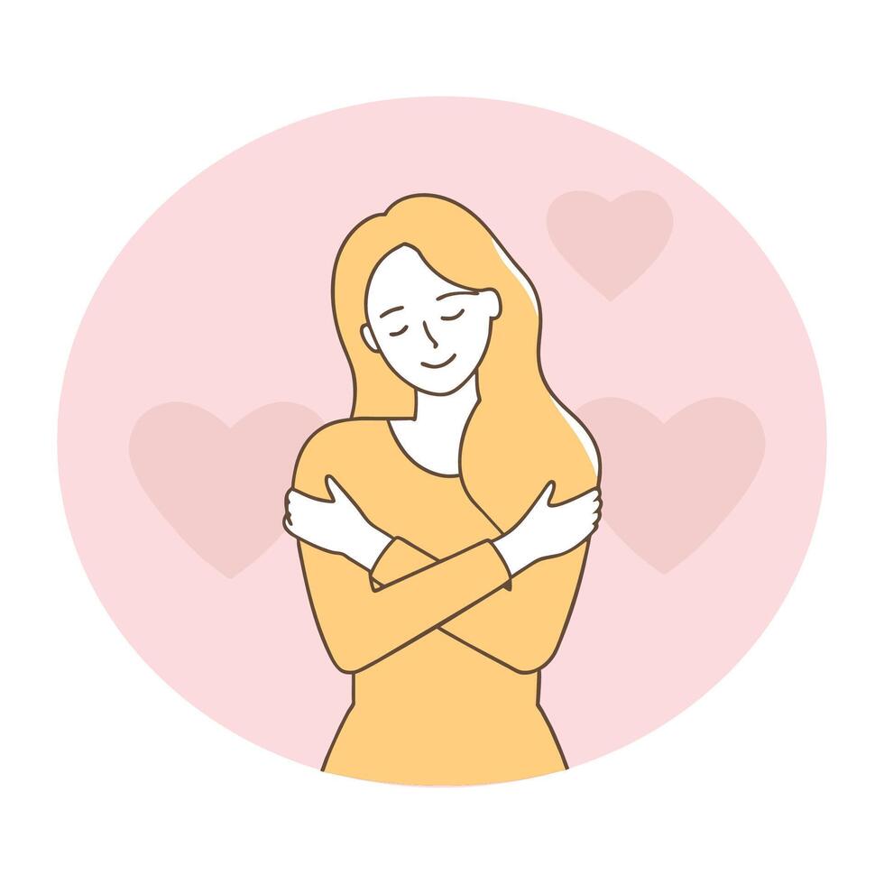 A Smiling woman hugs herself to show self-love Happy girl hugs herself vector
