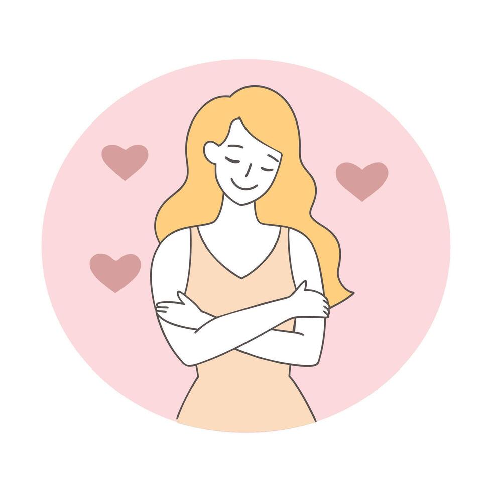 A Smiling woman hugs herself to show self-love Happy girl hugs herself vector