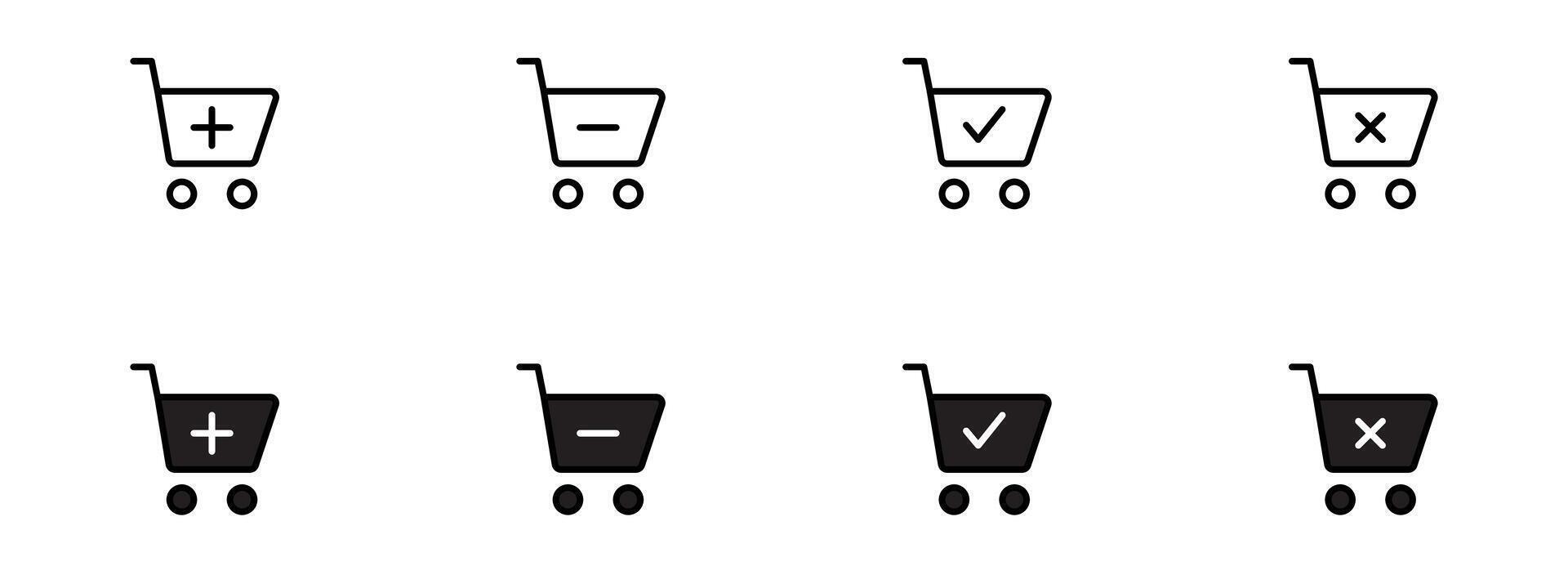 Shopping carts icon. Plus, minus, add, remove, new order, delete, online store, buy, purchase. Sale concept. Editable stroke. Vector illustration.
