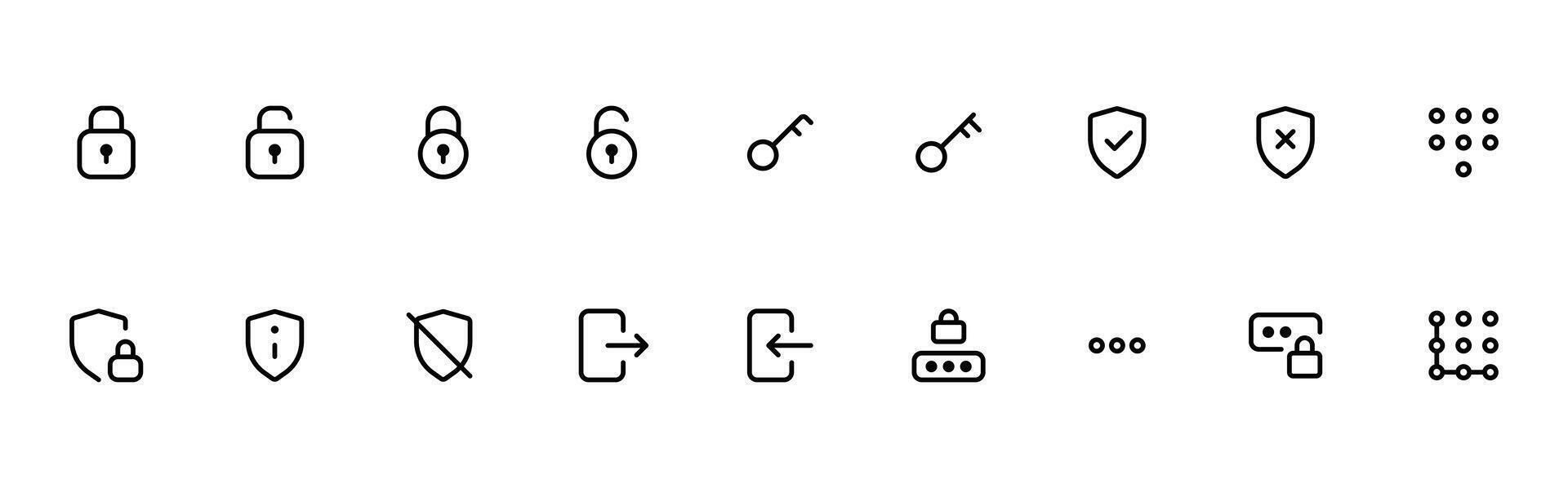 Security icon set. Cyber lock, unlock, password, pin. Guard, shield, home security system, pattern. Eye access, electronic check, firewall. Internet protection, laptop password. Linear Stroke Vector