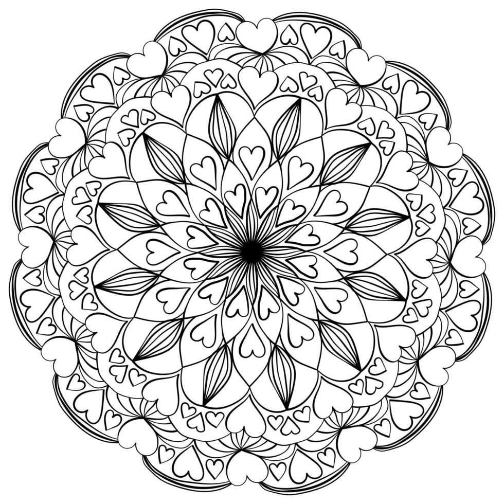 Valentine's Day mandala with decorative elements, coloring page for design or activity vector