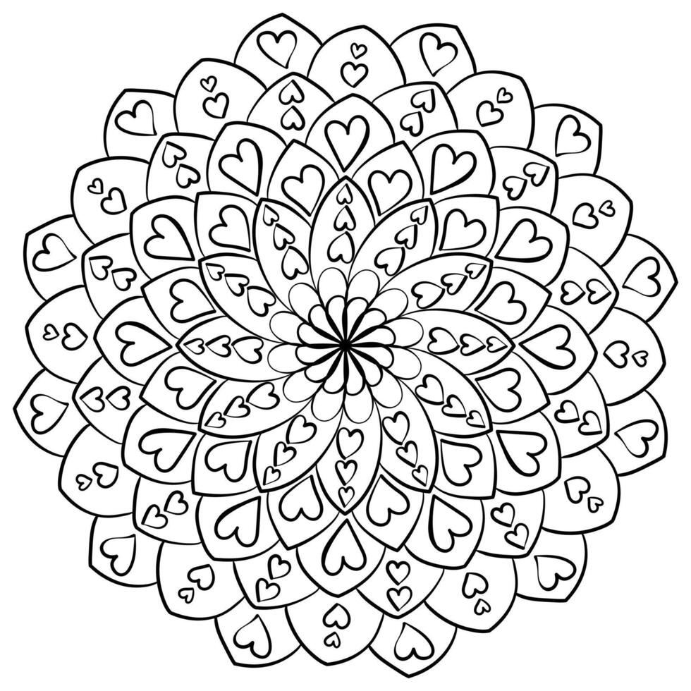 sencillo lineal mandala con corazones para niños y adultos, enamorado colorante página vector