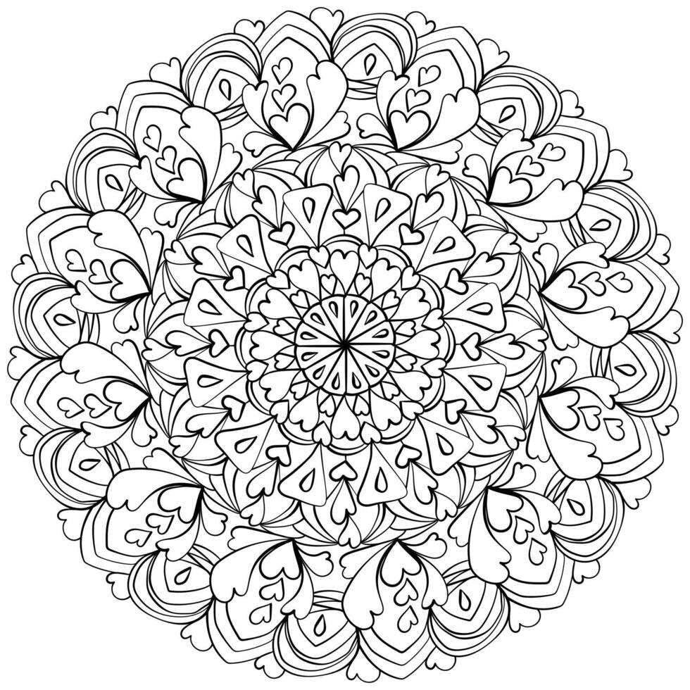 Doodle mandala with hearts and triangle elements, anti-stress coloring page for valentine activity vector