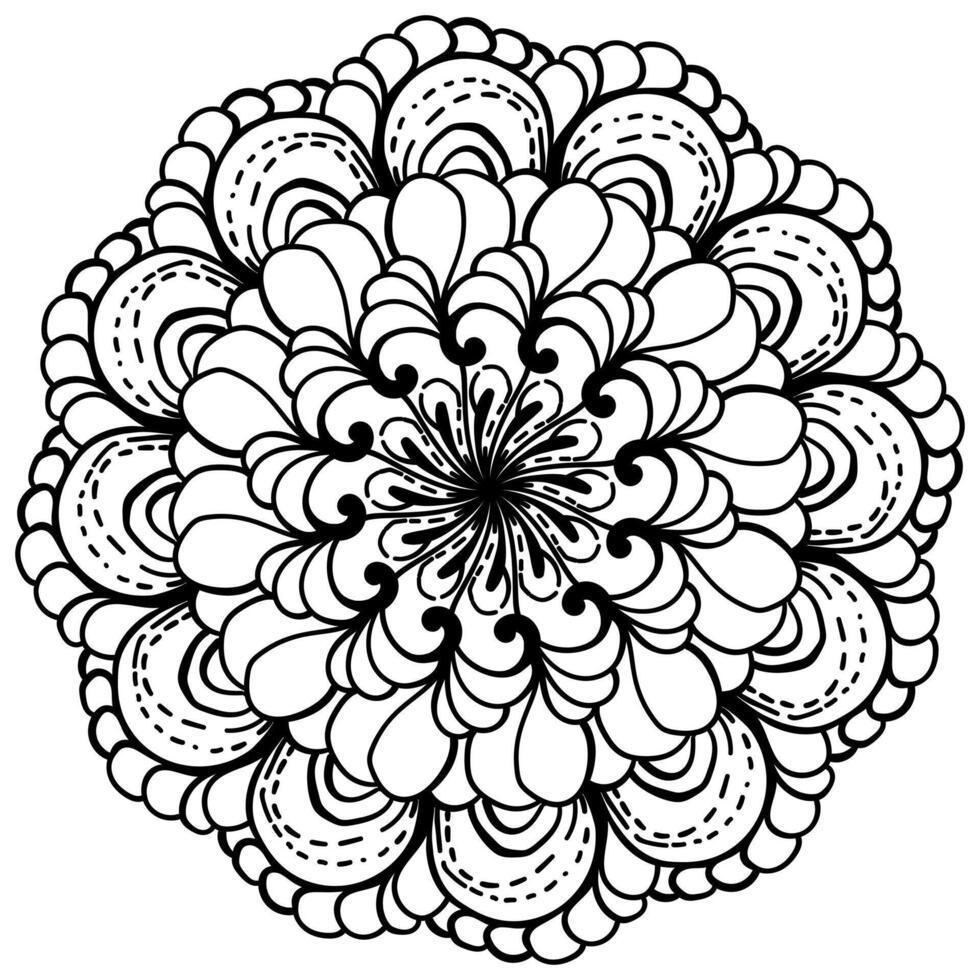 Stylish doodle mandala with round petals and simple curls, meditative zen coloring page for creativity vector