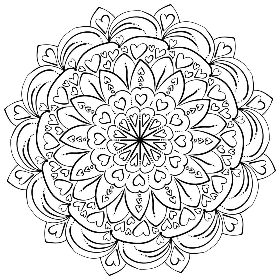 Simple patterned mandala with hearts and petals, anti-stress coloring page or postcard design vector