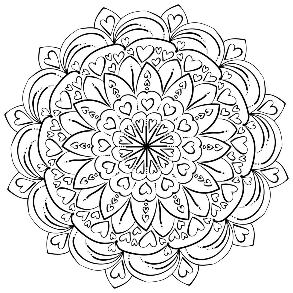 Simple patterned mandala with hearts and petals, anti-stress coloring page or postcard design vector