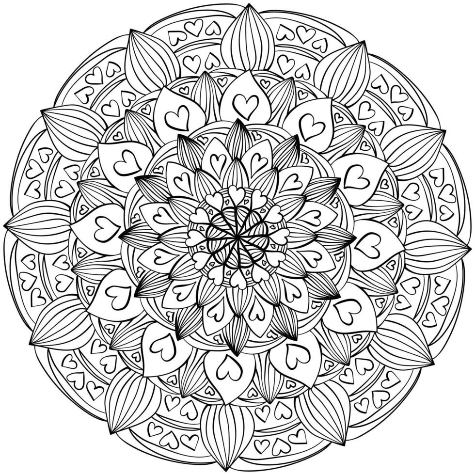Mandala with striped petals and hearts, zen coloring page with fantasy patterns vector